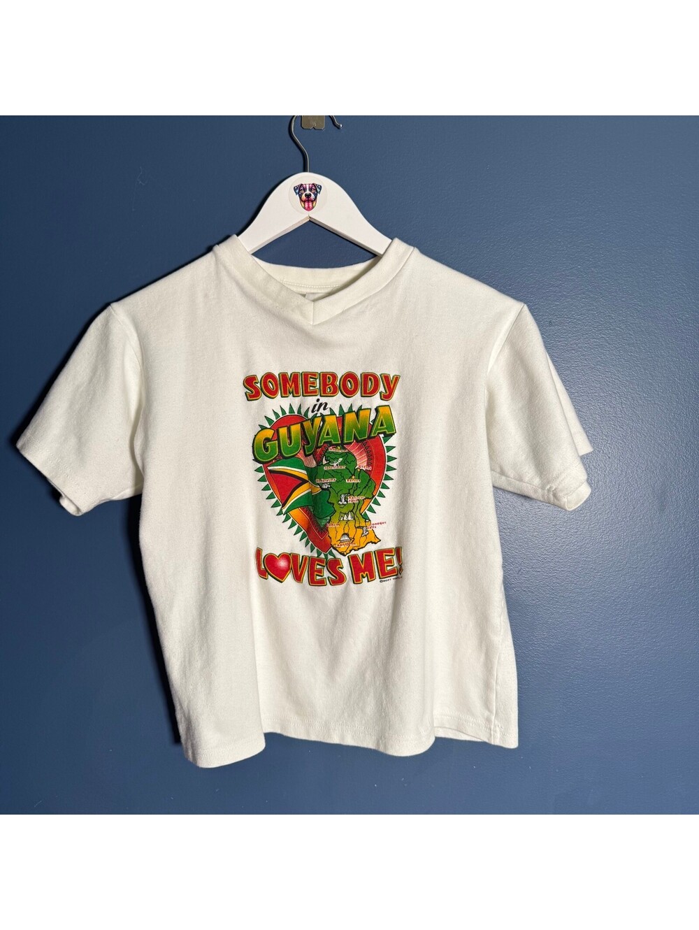 Vintage "Somebody in Guyana Loves Me" Graphic T-Shirt White V-Neck Tee Apx 10-12